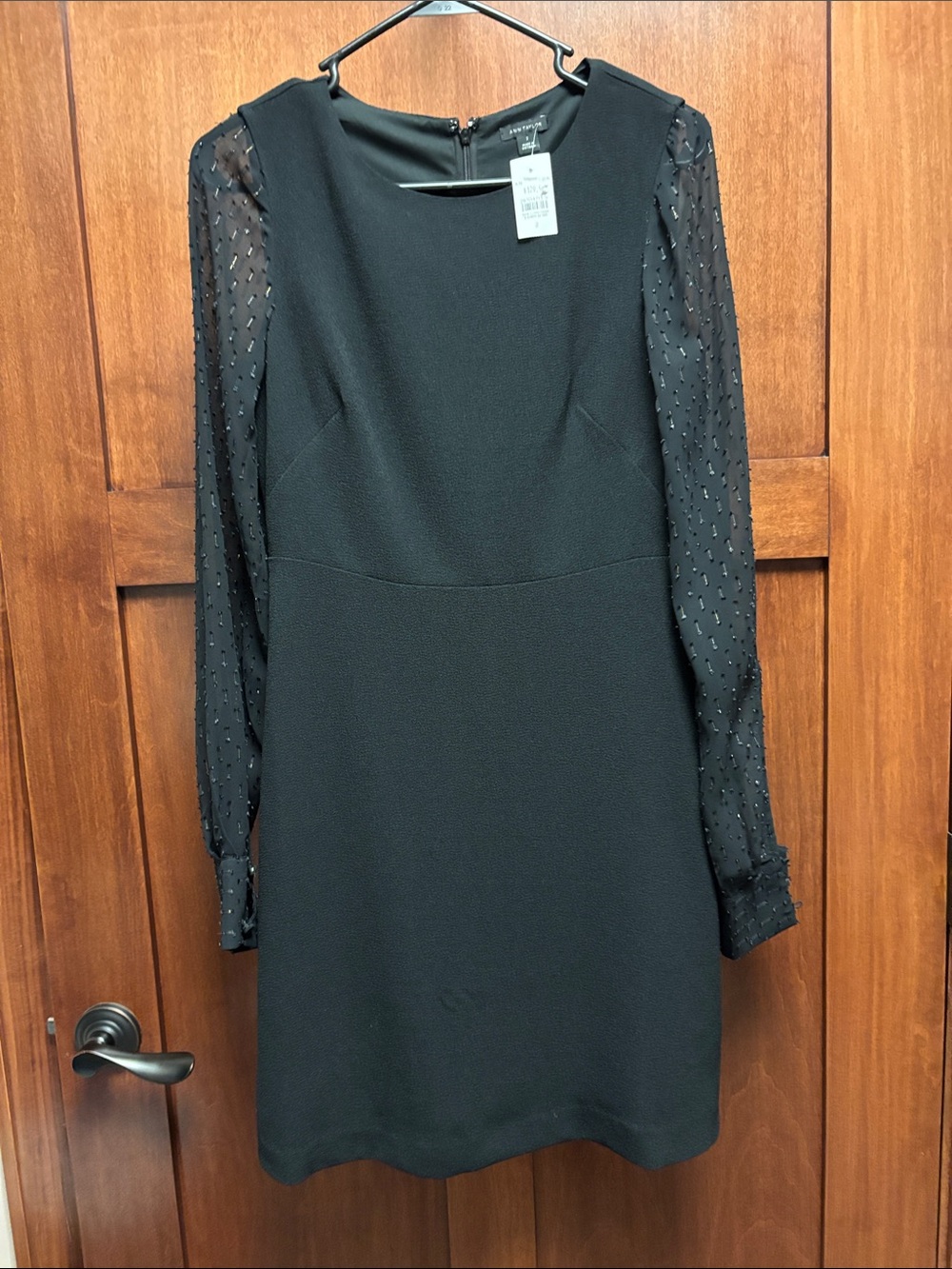 Ann Taylor Black Long Dress with Beaded Sheer Sleeves